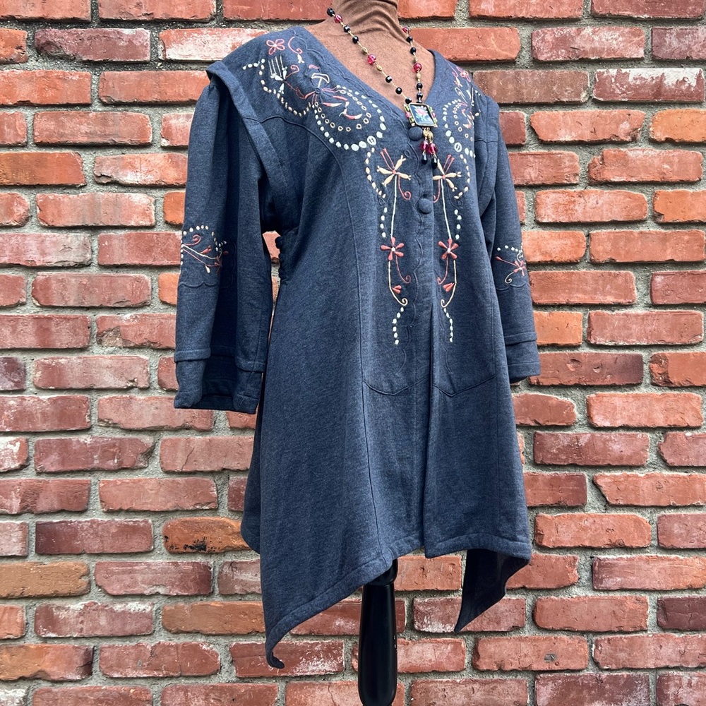 Edwardian Vibe Gray Pink Embroidered Fleece Button Down Top Jacket